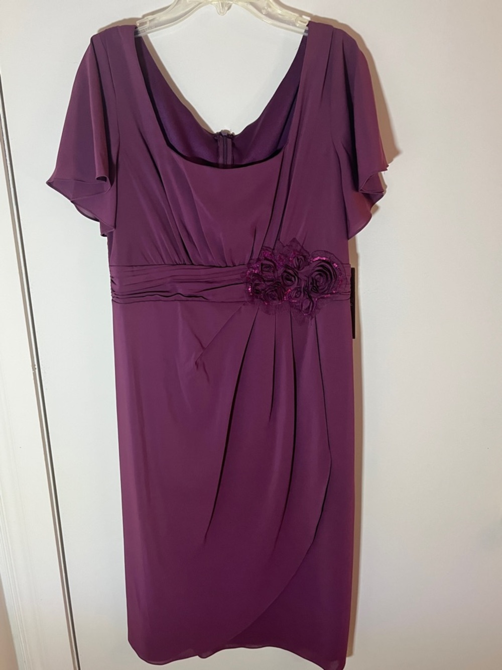 Plum Floral-Trim Short Sleeve Occasion Dress